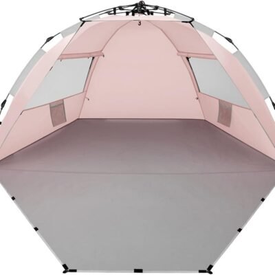 X-Large 4 Person Beach Tent Sun Shelter - Portable Sun Shade Instant Tent for Beach with Carrying Bag, Stakes, 6 Sand Pockets, Anti UV for Fishing Hiking Camping, Waterproof Windproof, Pink