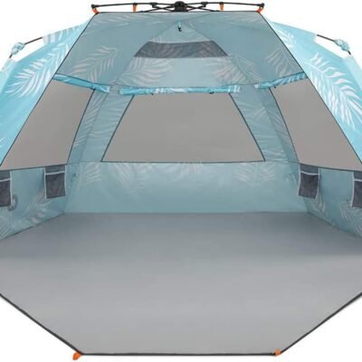 Deluxe XL Beach Tent 4-6 Person Popup Sun Shelter 99" Wide for Family UPF 50+ Double Silver Coated with Extended Zippered Porch Palm Tree Leaves