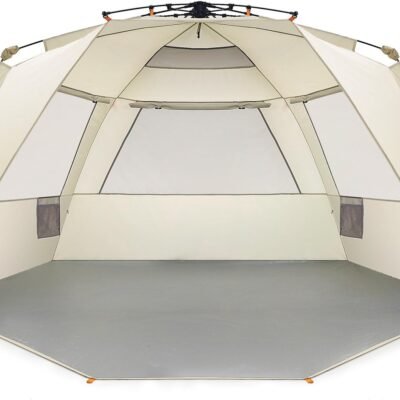 Beach Tent Easy Up 99" Wide for 4-6 Person Sun Shelter - Extended Zippered Porch Included Beige